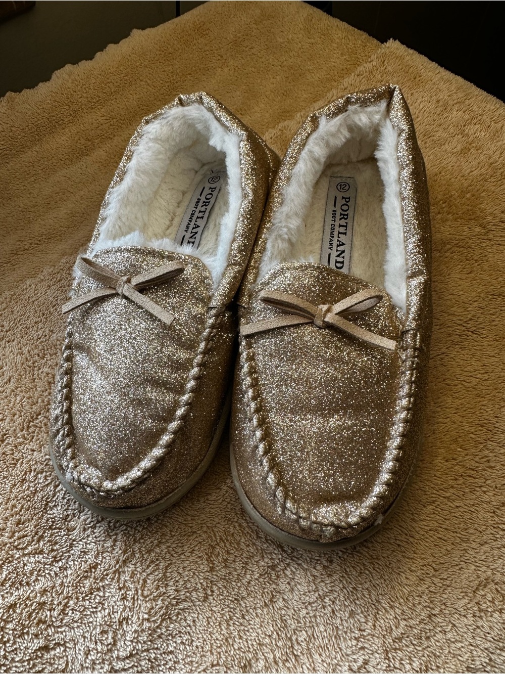 Portland Kids Glitter Moccasin Slippers - Gold Sparkle
